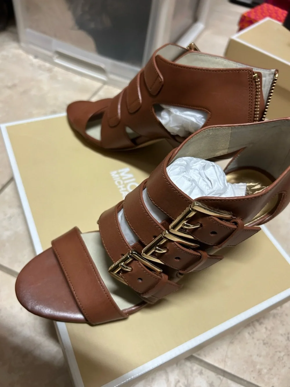 Michael Kors Brown Leather Multi-Strap Heeled Sandals with Gold Buckles